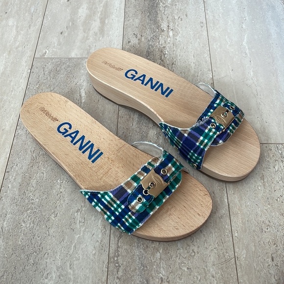 NWT GANNI x Dr. Scholl's Plaid Wooden Clog Sandals Buckle Retro Slides Blue 9 - Picture 2 of 13